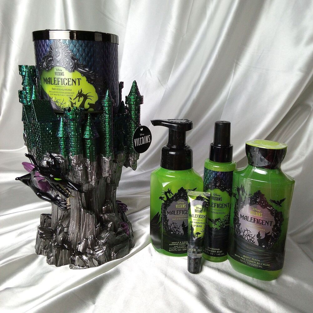 BATH & BODY WORKS DISNEY VILLAINS MALEFICENT BATH SET W/PEDESTAL, 3 WICK CANDLE